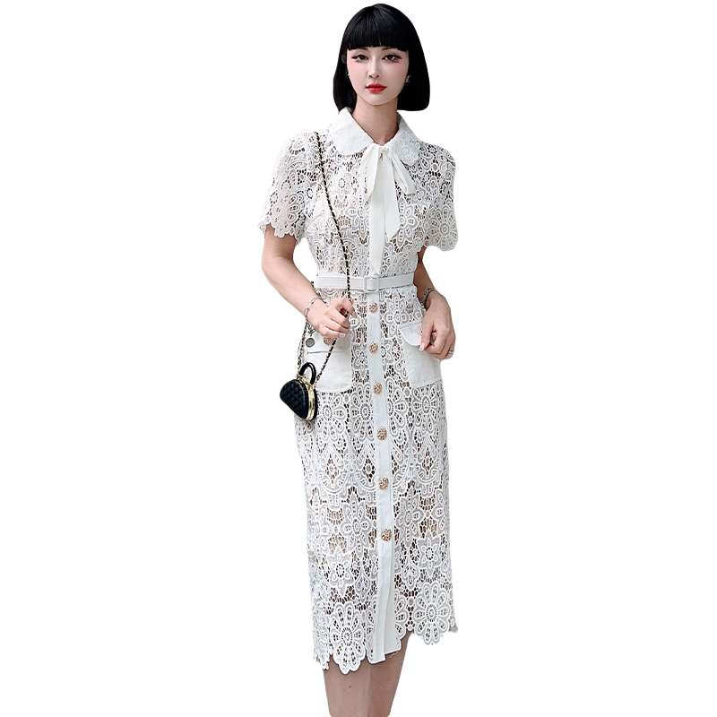 Temperament elegant France style lace lapel bow dress