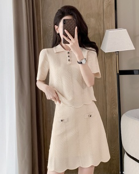 Short sleeve ice silk A-line chanelstyle skirt 2pcs set