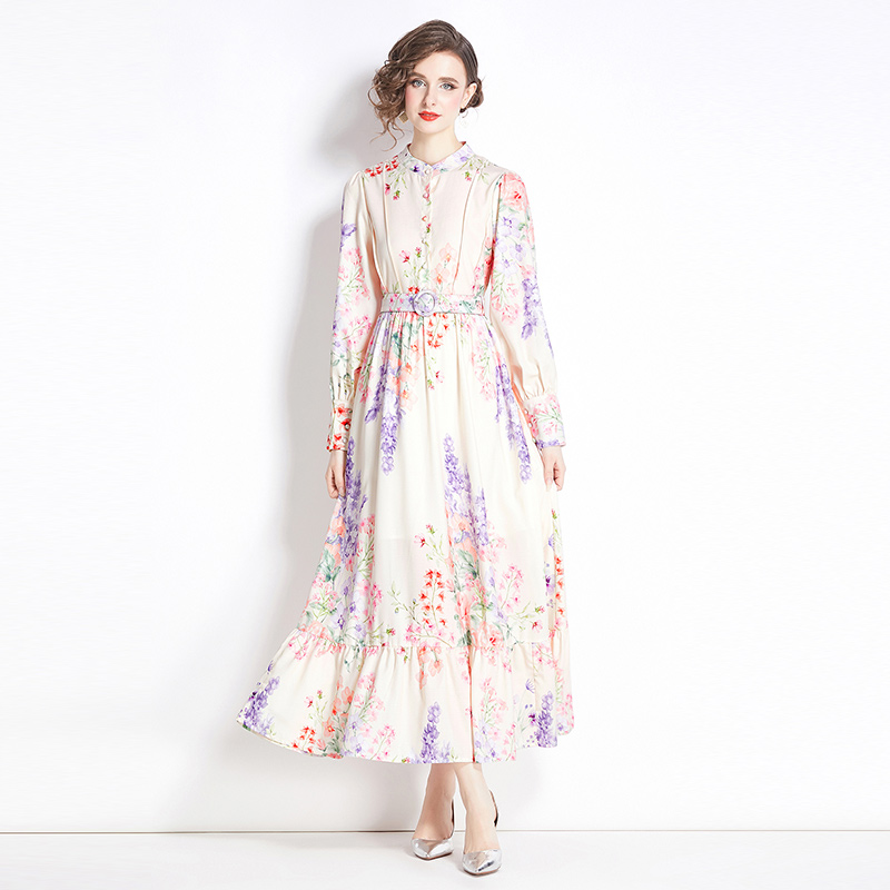 Printing retro France style pinched waist long sleeve dress