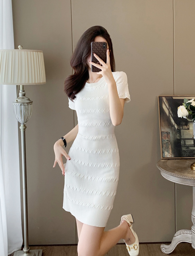 Short sleeve package hip white ice silk dress for women