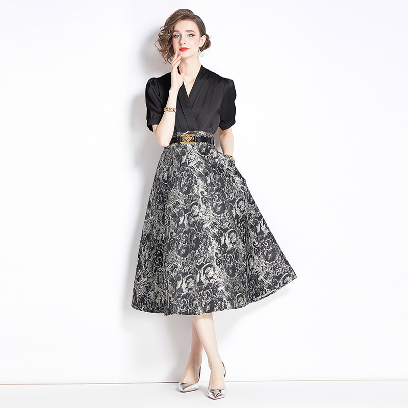 Pocket Pseudo-two retro jacquard big skirt elegant dress