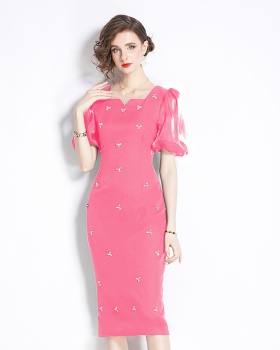 Rhinestone slim France style light luxury dress