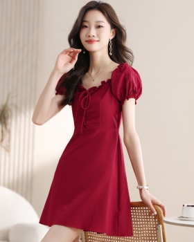 Puff sleeve pinched waist T-back A-line square collar dress