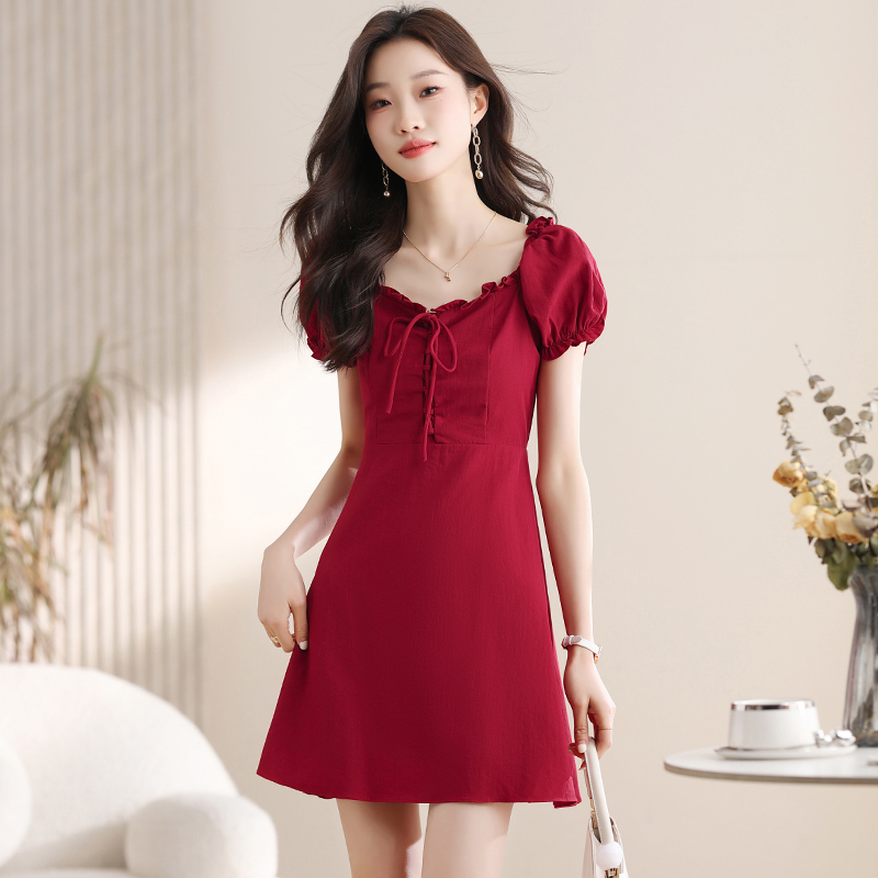 Puff sleeve pinched waist T-back A-line square collar dress