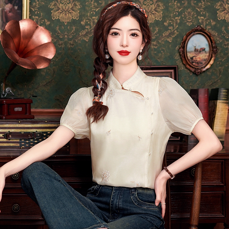 Chinese style retro tops chiffon summer shirt for women