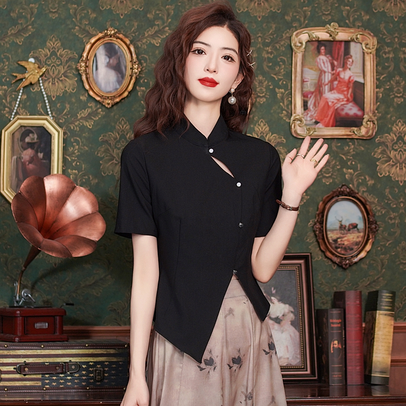 Short sleeve pinched waist tops slim Chinese style shirt for women