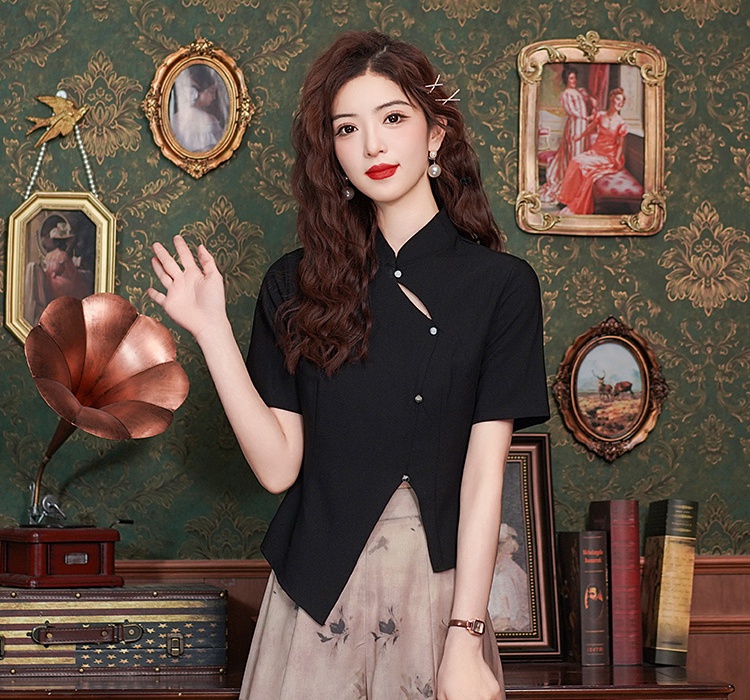 Short sleeve pinched waist tops slim Chinese style shirt for women