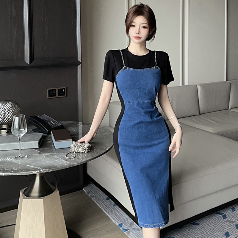 Mixed colors Korean style dress chain long dress for women