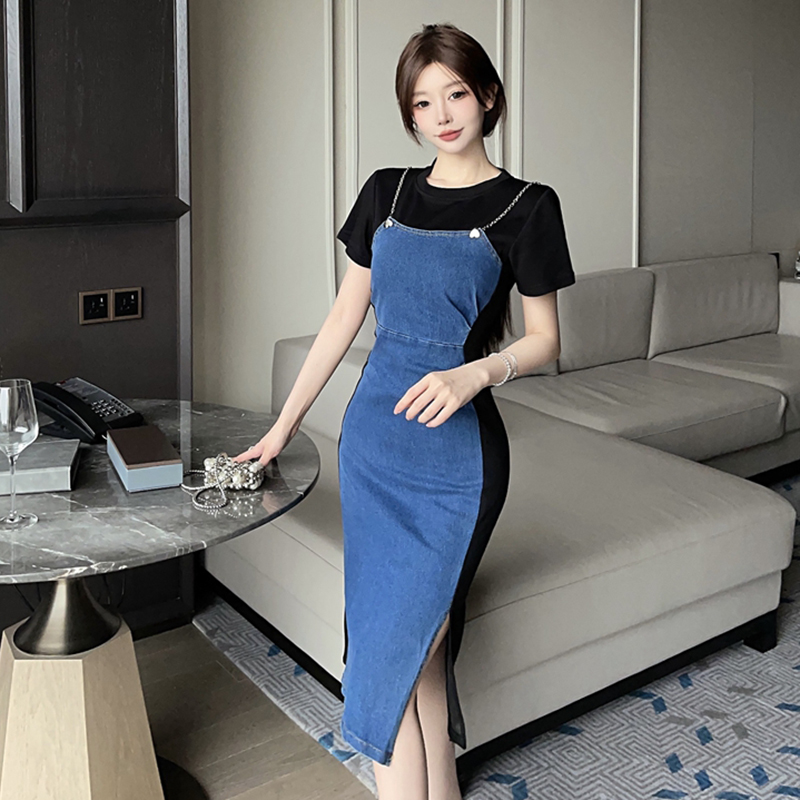 Mixed colors Korean style dress chain long dress for women
