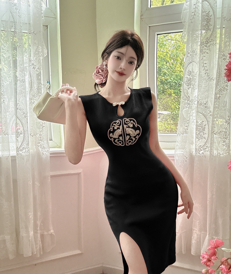 Slim knitted summer split Chinese style dress for women