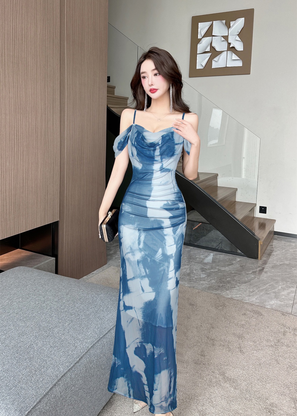 Sling painting long dress package hip dress for women