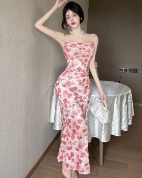 Slim drape retro dress sling floral mermaid long dress
