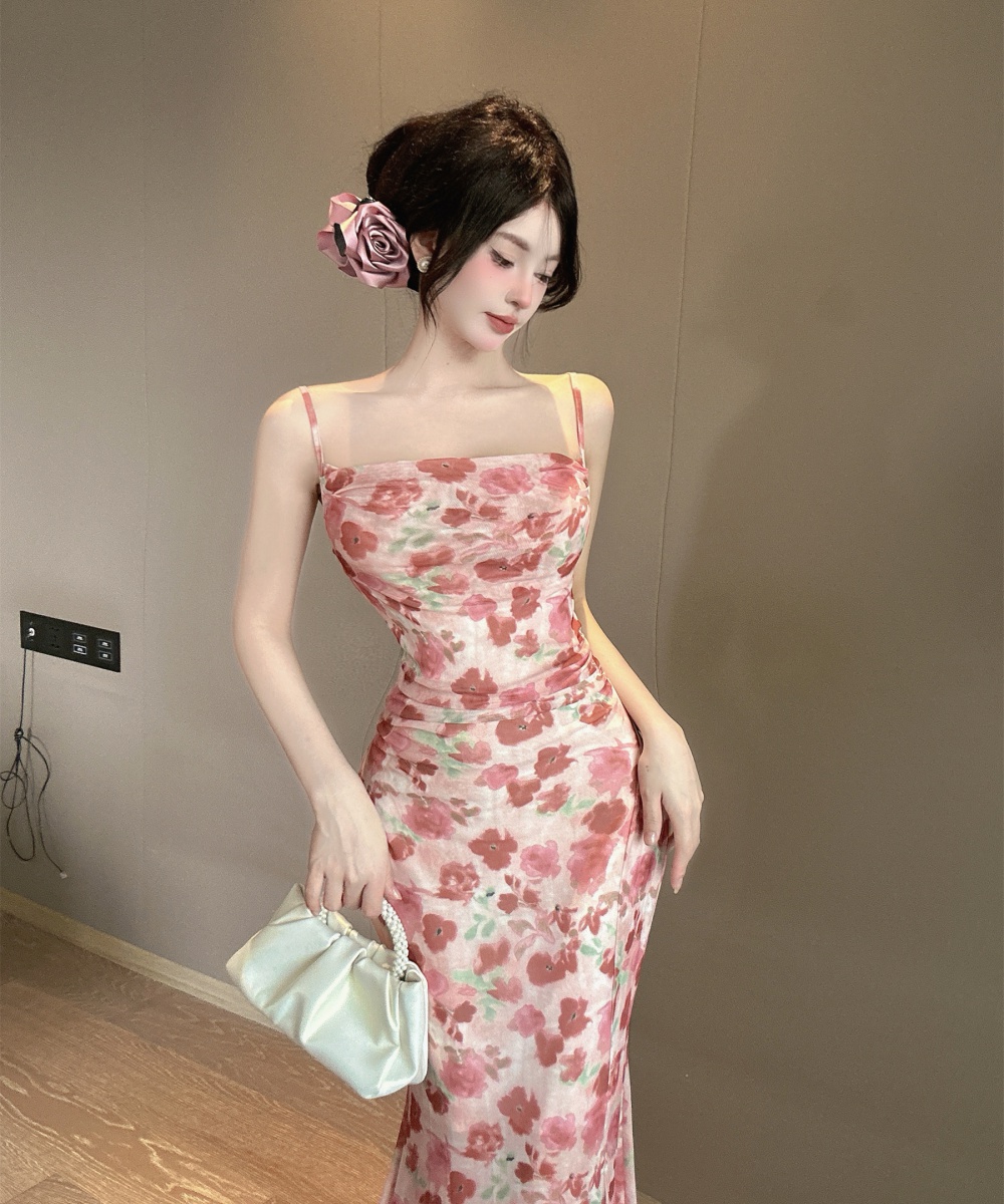 Slim drape retro dress sling floral mermaid long dress