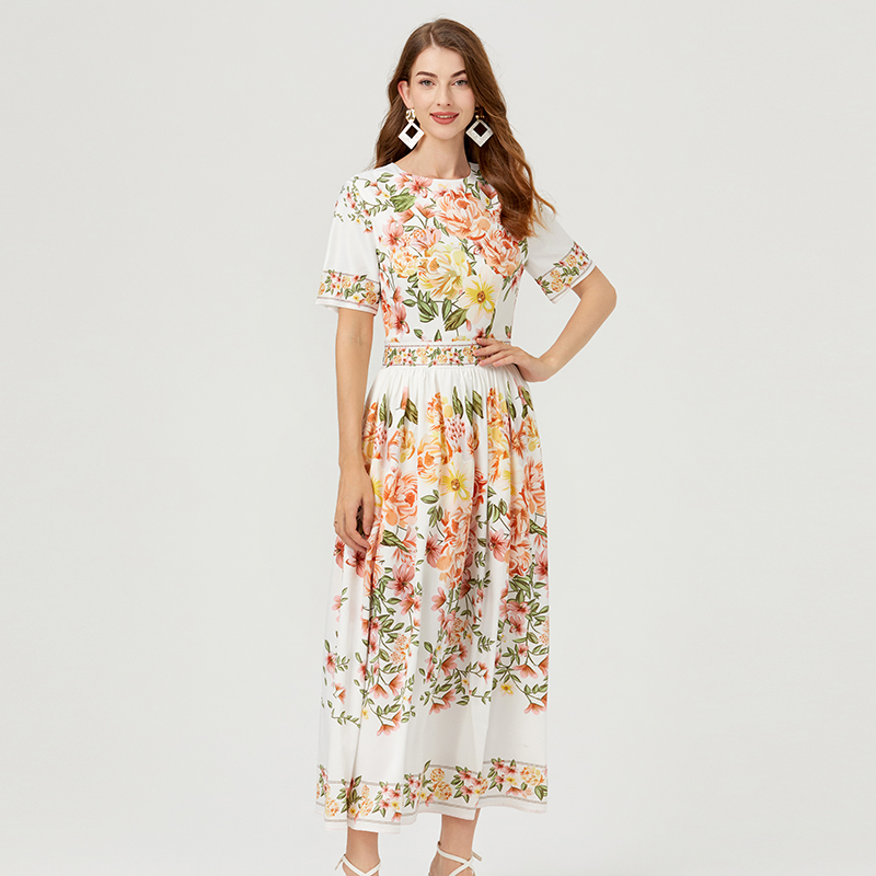 Summer printing short sleeve A-line cotton dress