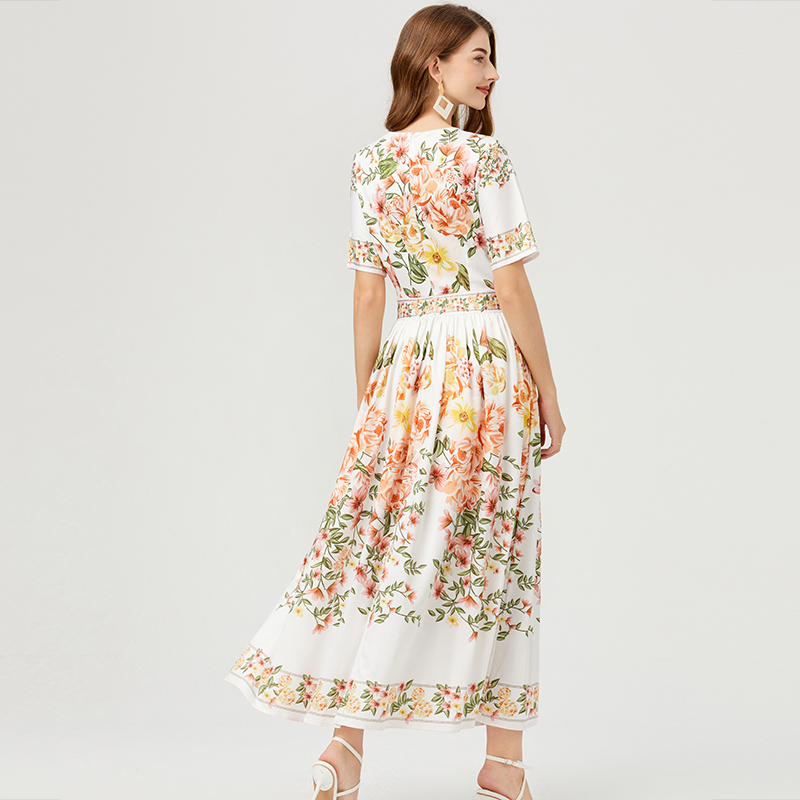 Summer printing short sleeve A-line cotton dress