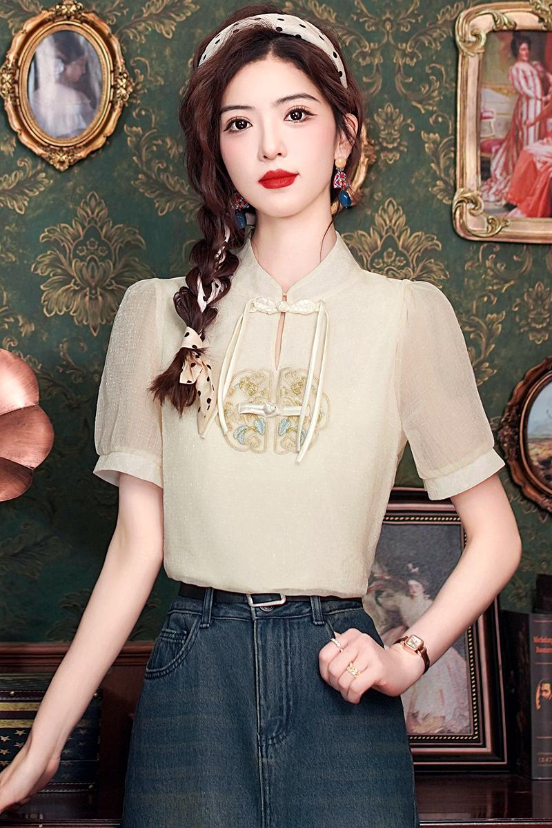 Summer chiffon shirt embroidery tops for women