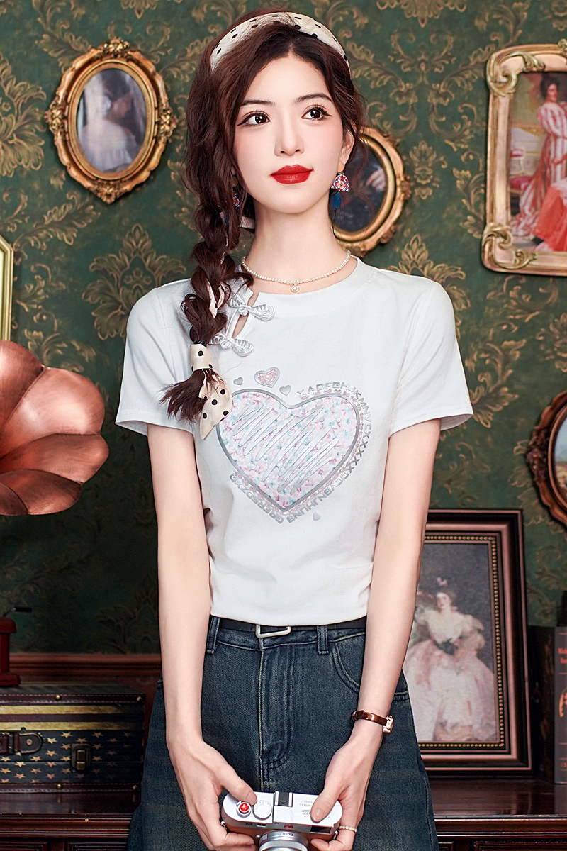 Slim summer tops short sleeve heart T-shirt for women