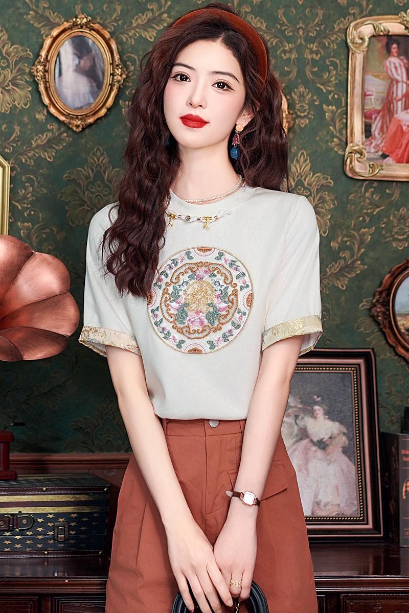 Short sleeve embroidery T-shirt Chinese style tops for women
