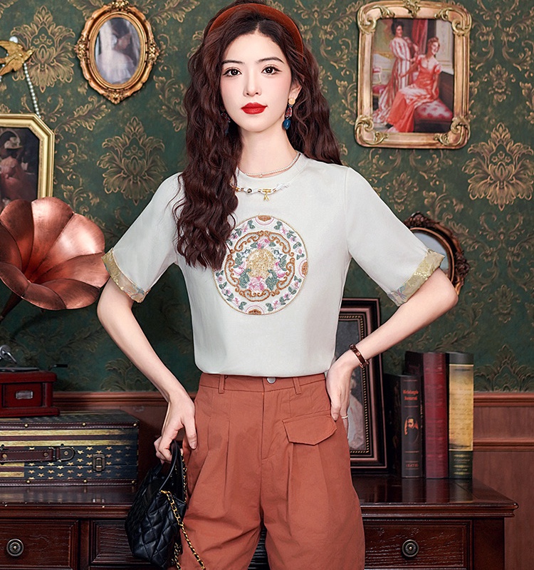 Short sleeve embroidery T-shirt Chinese style tops for women
