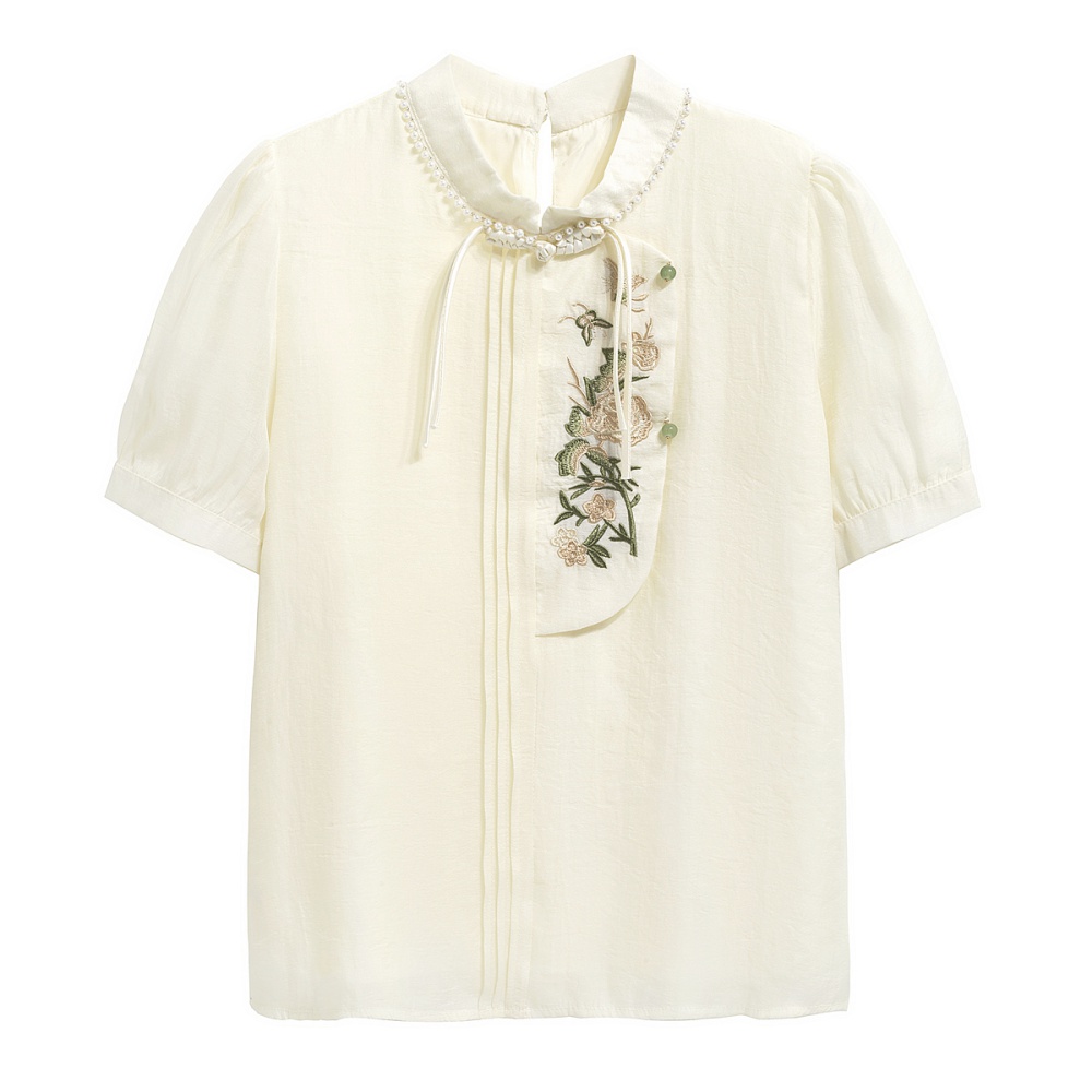 Summer cstand collar tops embroidery shirt for women