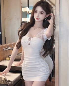 Fold slim hollow package hip pinched waist splice sexy dress
