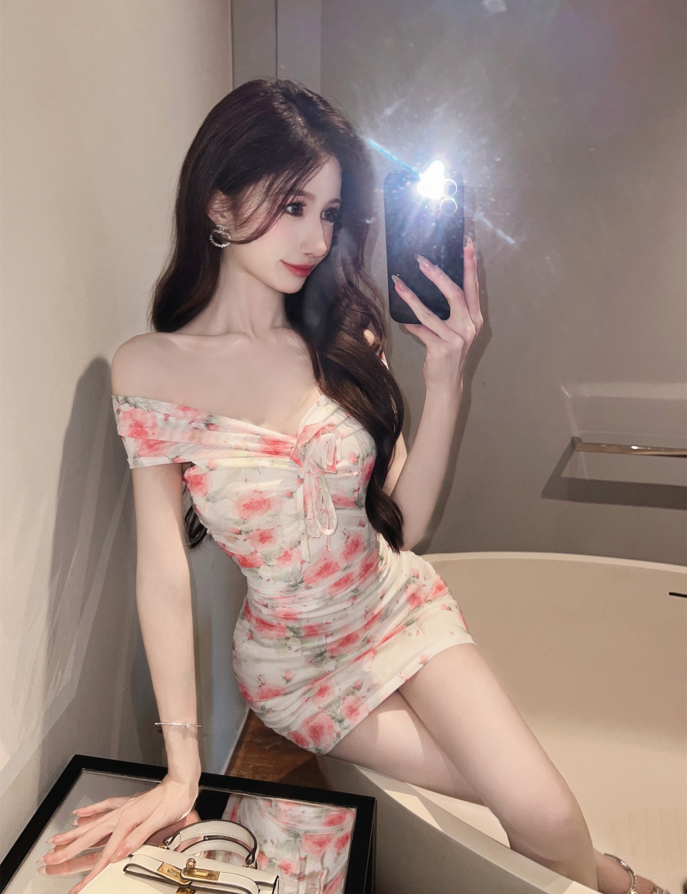 Short sleeve package hip gauze sexy printing bottoming dress