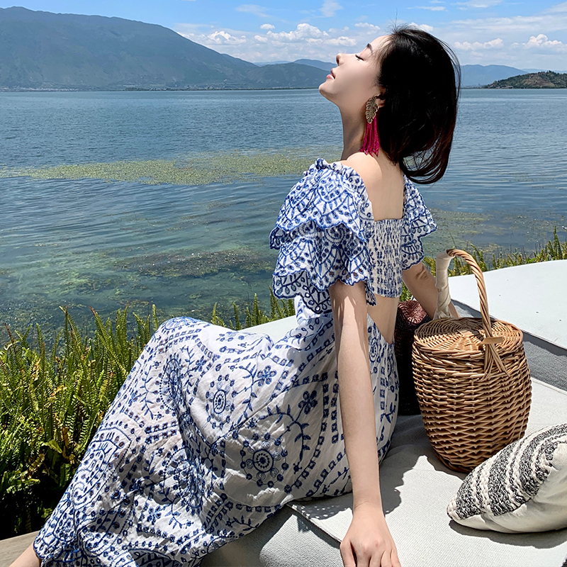 Long hollow summer blue and white porcelain dress