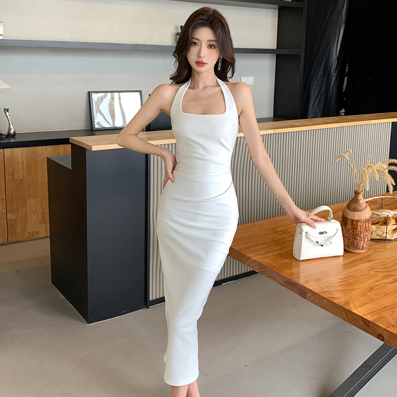 Summer square collar long dress white fold dress for women
