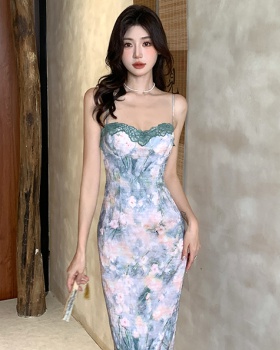 Chinese style pinched waist sling floral lace dress for women