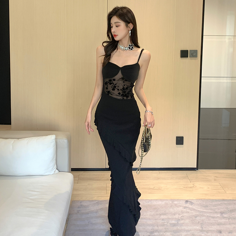 Gauze slim long dress black splice dress for women