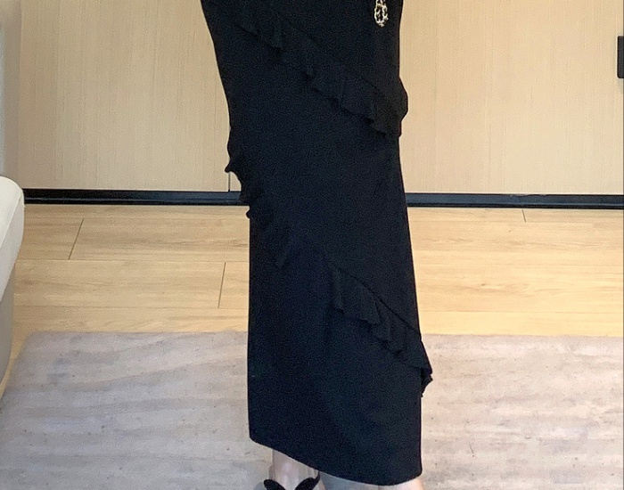 Gauze slim long dress black splice dress for women