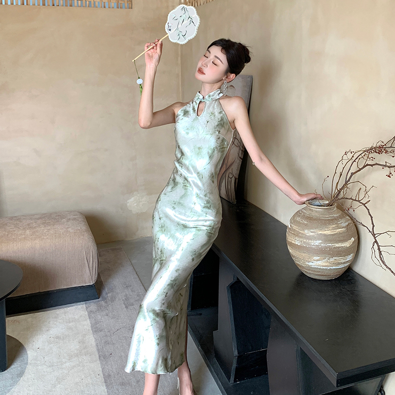 Slim Chinese style long dress retro satin cheongsam for women