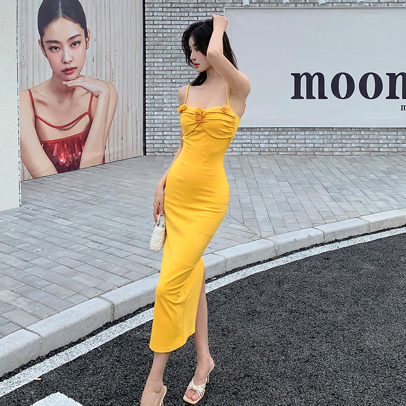 Rose maiden yellow elasticity summer dress for women