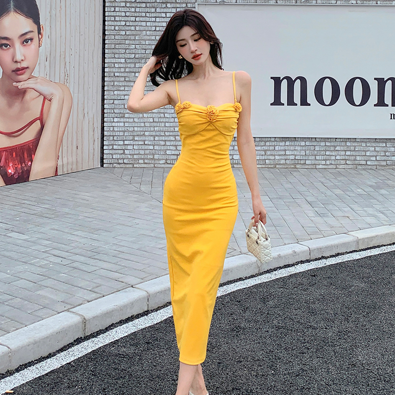 Rose maiden yellow elasticity summer dress for women