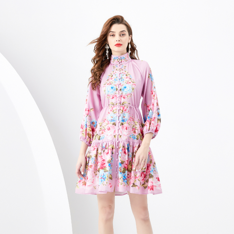 Spring and summer painted lantern sleeve retro dress