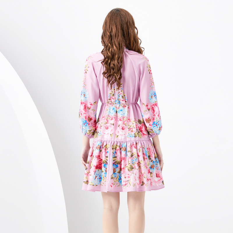 Spring and summer painted lantern sleeve retro dress