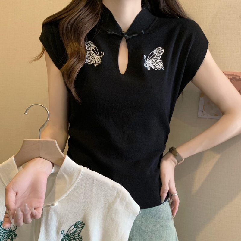 Chinese style ice silk thin embroidery sweater for women