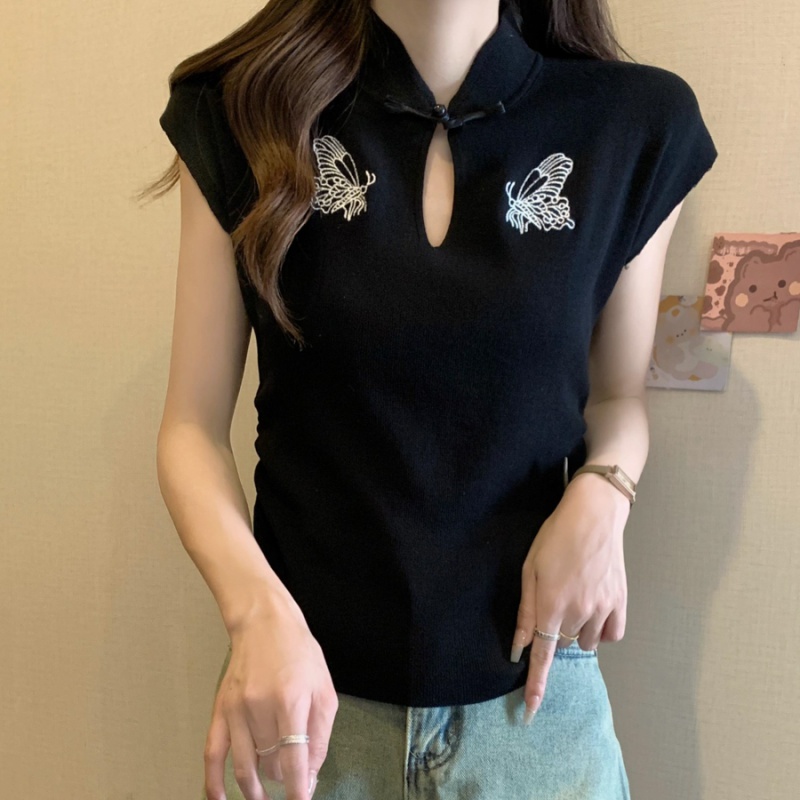 Chinese style ice silk thin embroidery sweater for women
