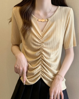 Shirring summer thin sweater V-neck ice silk T-shirt for women