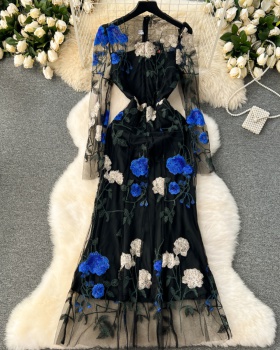 Gauze formal dress embroidered flowers dress for women