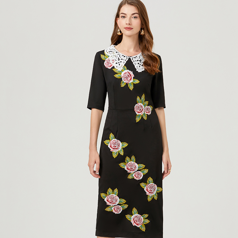 Lapel with belt embroidery short sleeve split flowers dress