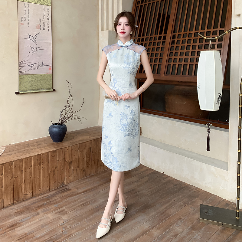 Splice dress cstand collar cheongsam for women