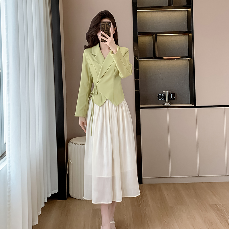 Drape slim business suit high waist apple-green skirt a set