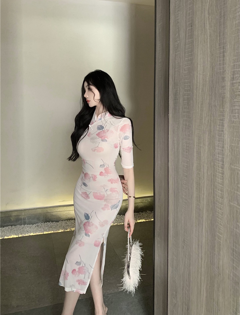 Gauze retro Chinese style dress light floral cheongsam