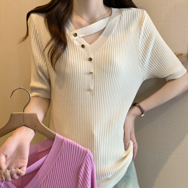Ice silk slim T-shirt V-neck summer sweater for women