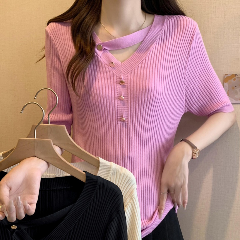 Ice silk slim T-shirt V-neck summer sweater for women