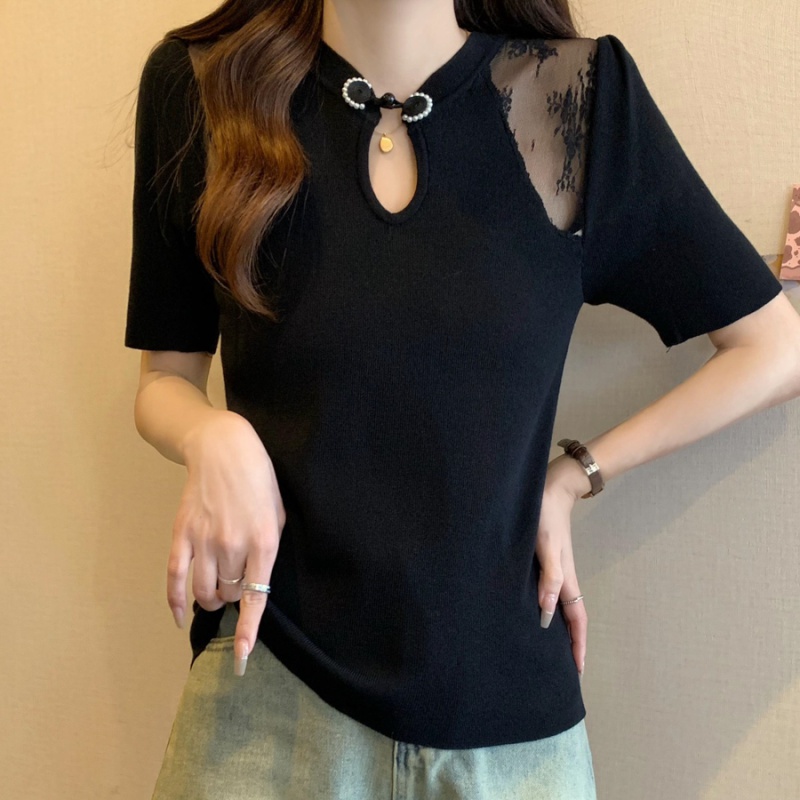 Lace ice silk stitching sweater thin summer T-shirt for women