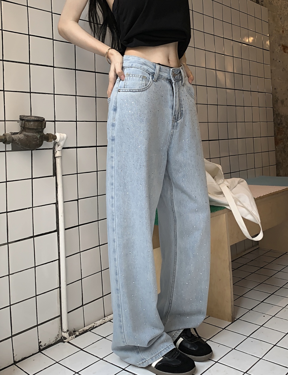 Rhinestone slim jeans retro straight pants long pants