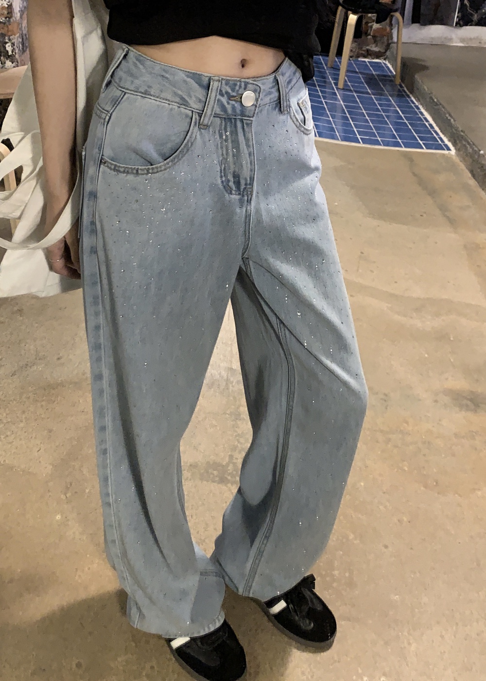 Rhinestone slim jeans retro straight pants long pants