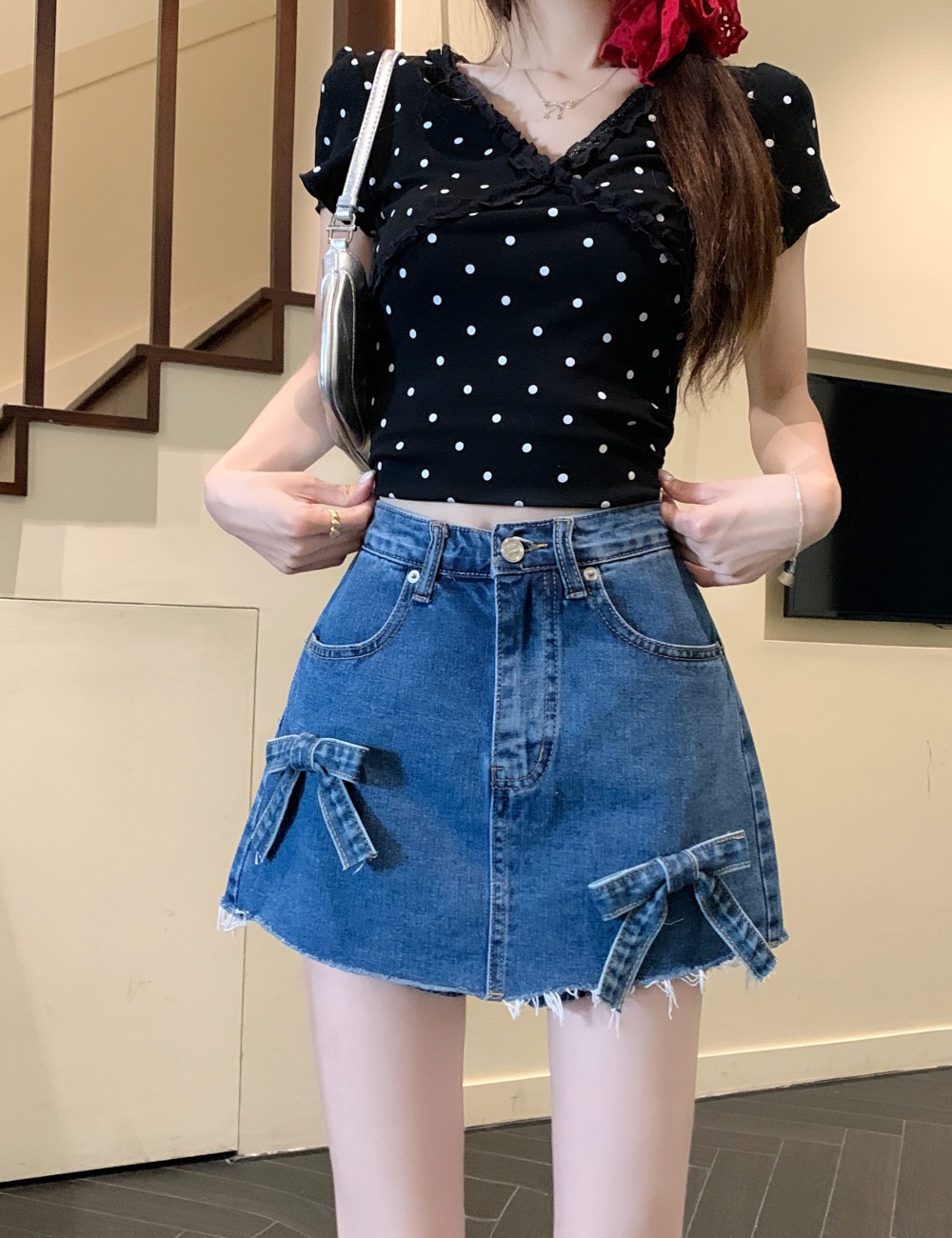 Korean style stereoscopic slim skirt A-line high waist short skirt